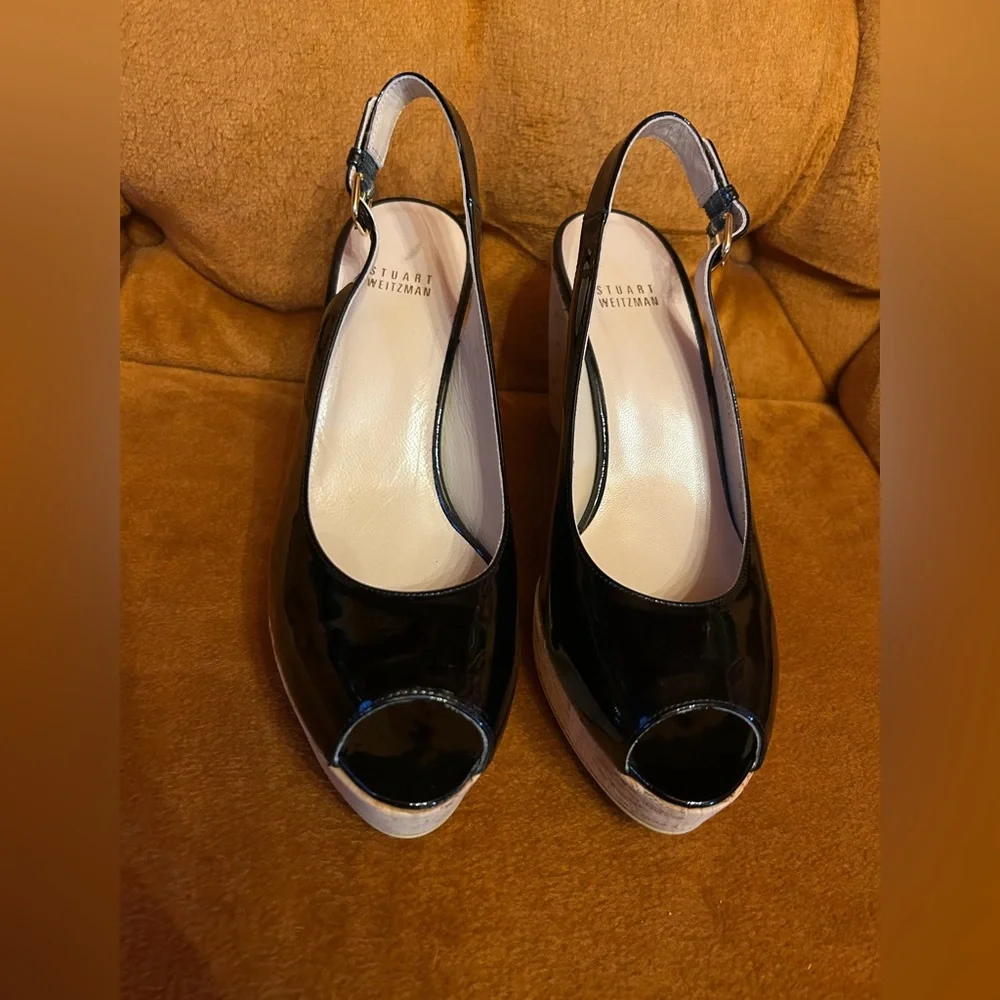 Stuart Weitzman Black Patent Leather Jean Peep Toe Cork platform wedge 9.5